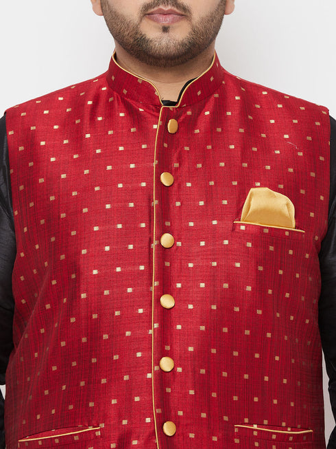 Vastramay PLUS Men's Maroon Zari Weaved Nehru Jacket With Kurta Dhoti set